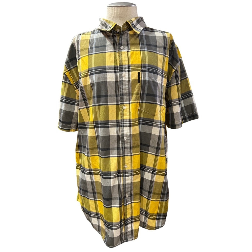 Ecko Unltd Mens 3XL Plaid Short Sleeve Button Down Shirt Yellow Grey Streetwear